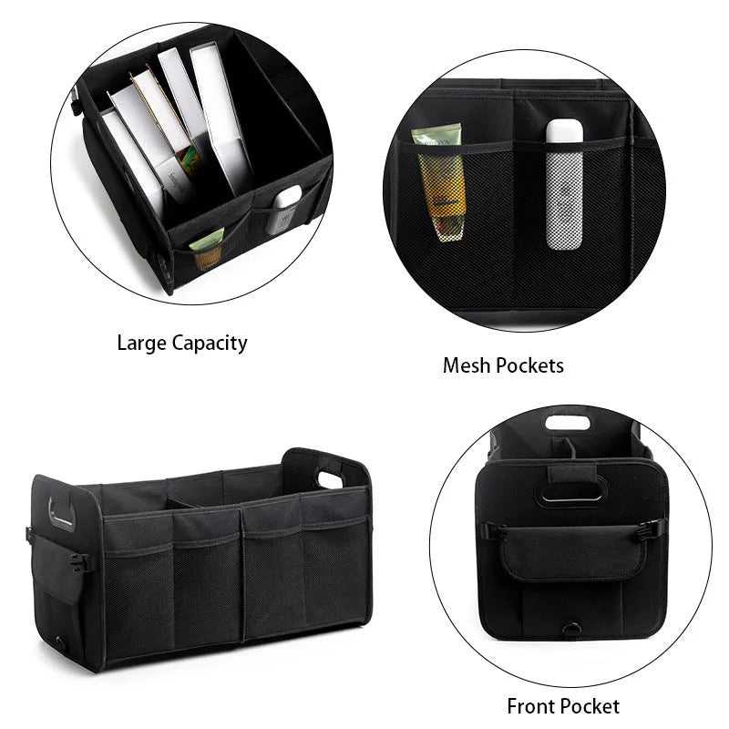 Foldable multi-compartment fabric car trunk storage box in black with a handle.