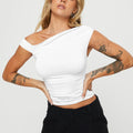 Sleeveless pleated top with oblique collar and irregular hem in light blue or white