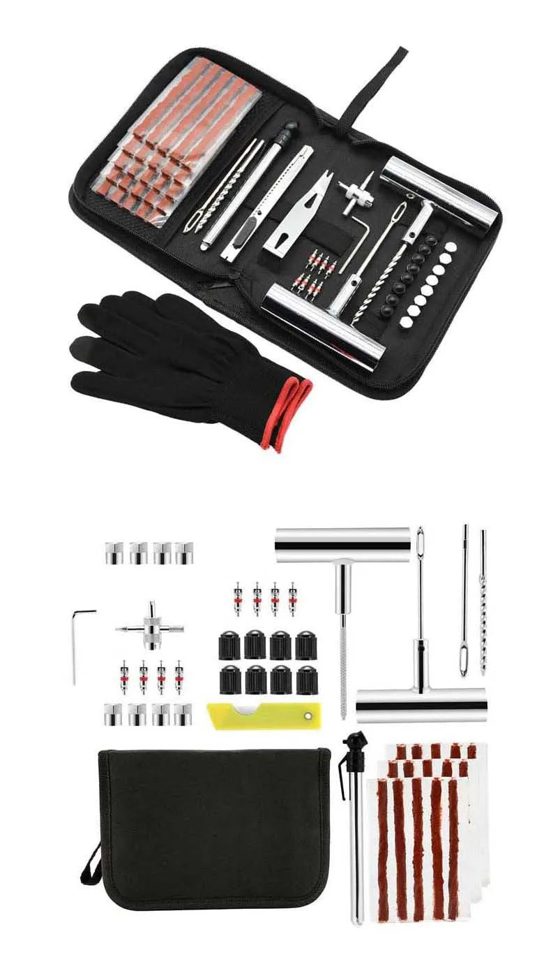 43-piece tyre repair kit in cloth bag with 45 steel case measuring 32x20x5cm