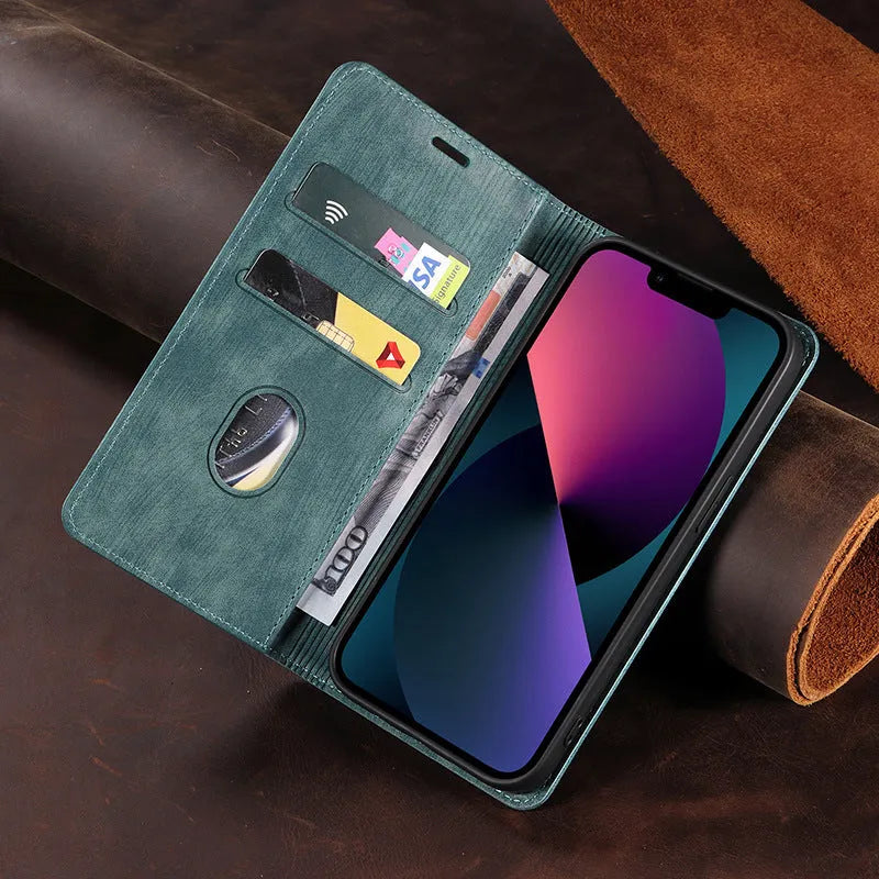 Magnetic flip leather phone case for iPhone shown closed and open, revealing card slots and phone.