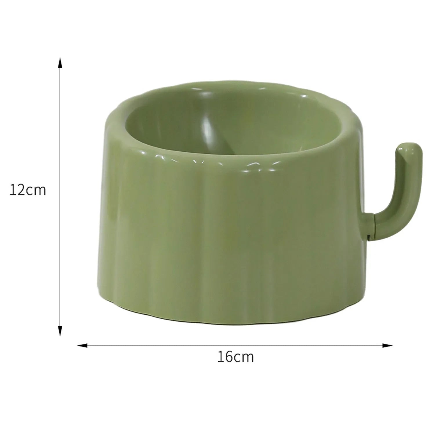 Solid green cat bowl with cactus pattern and anti-slip base on a kitchen floor.