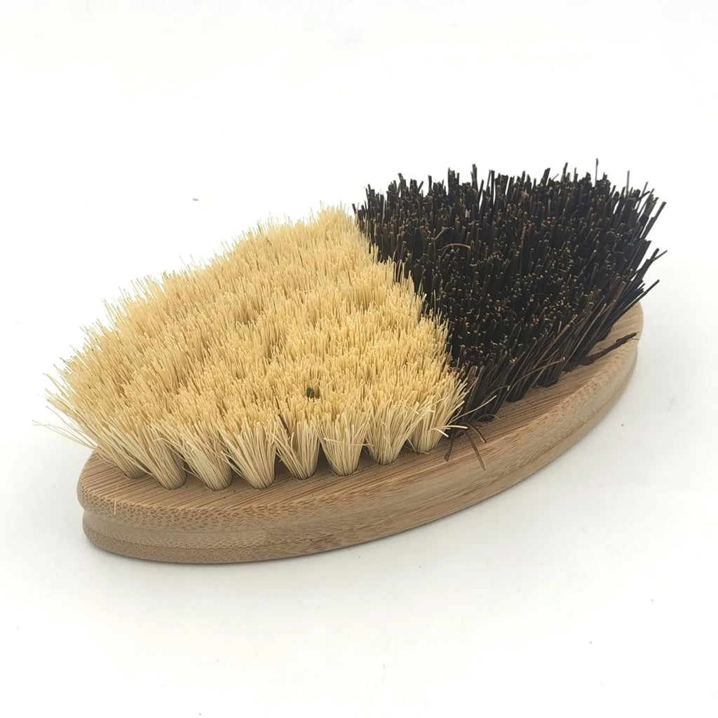 Bamboo vegetable brush with two-tone painted finish and oval shape for cleaning fruit and vegetables