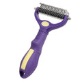 Purple double-sided plastic pet comb with fine and wide teeth for grooming cats and dogs.