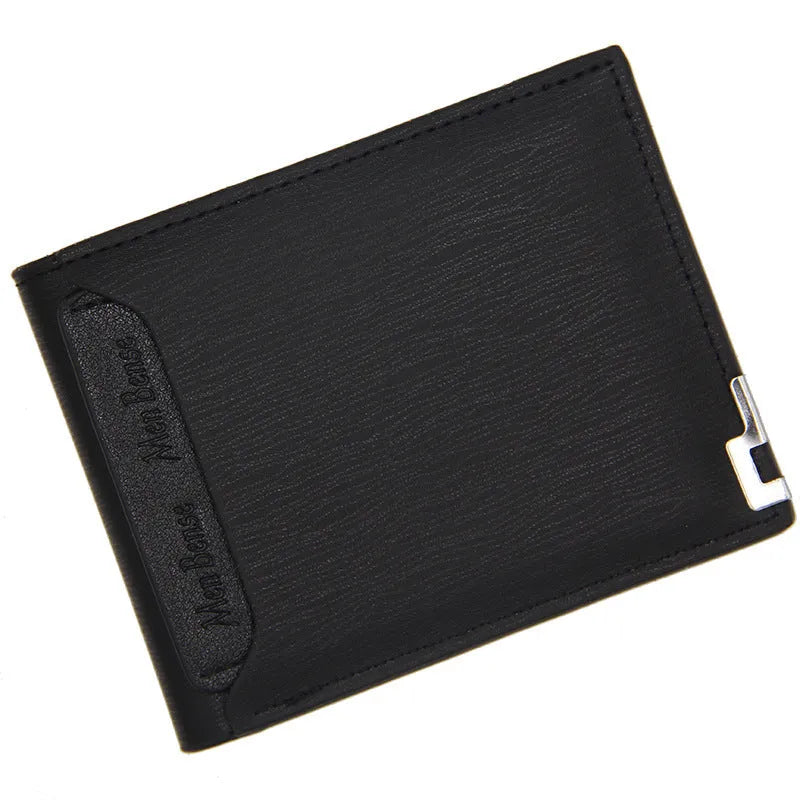 Men's iron-edge card-picking wallet in PU leather showing compact 12cm design with card organisation features