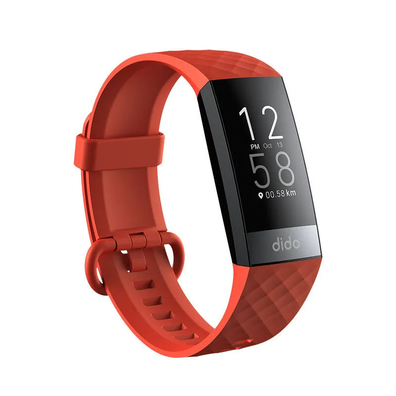 Black smart health bracelet with 1.1-inch screen displaying ECG graph, blood pressure, and heart rate readings on wrist.
