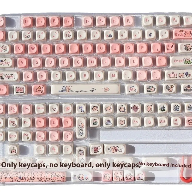 Pink PBT keyboard key cap with a colourful fragrant pig illustration on top and sides.