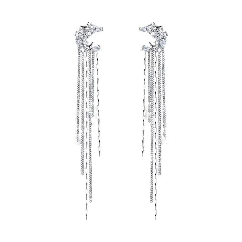 Moon zircon long tassel chain earrings without ear holes, U-shaped alloy ear clips, sweet and cool style for women