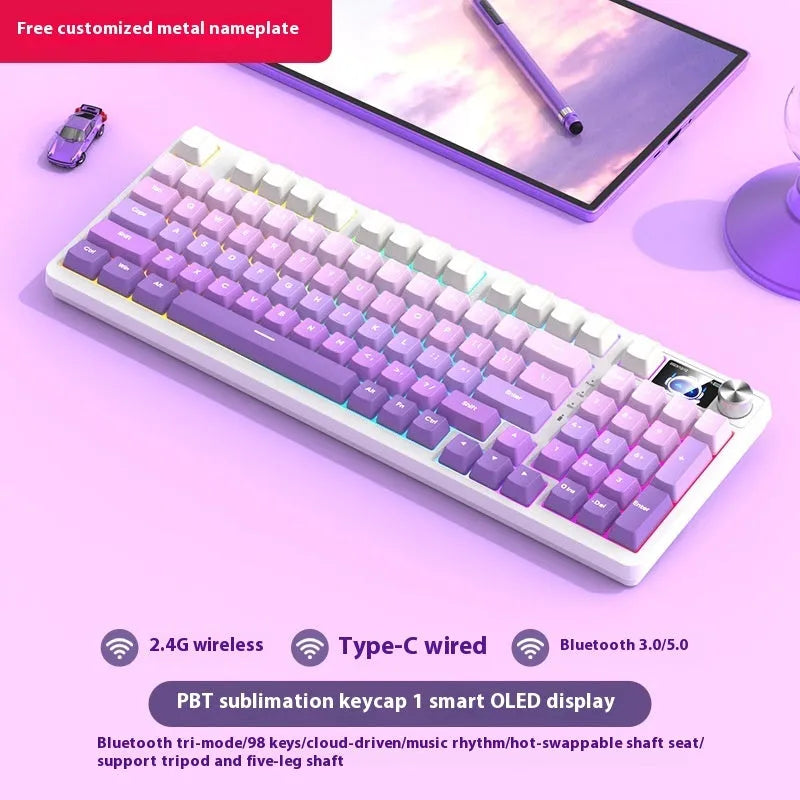 98-key wireless Bluetooth mechanical keyboard kit with metal knob on desk