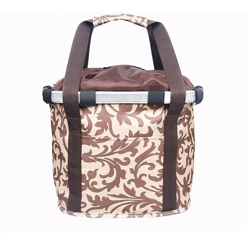 Folding car basket bag with aluminium alloy frame and Oxford cloth, shown in black and patterned colour options.