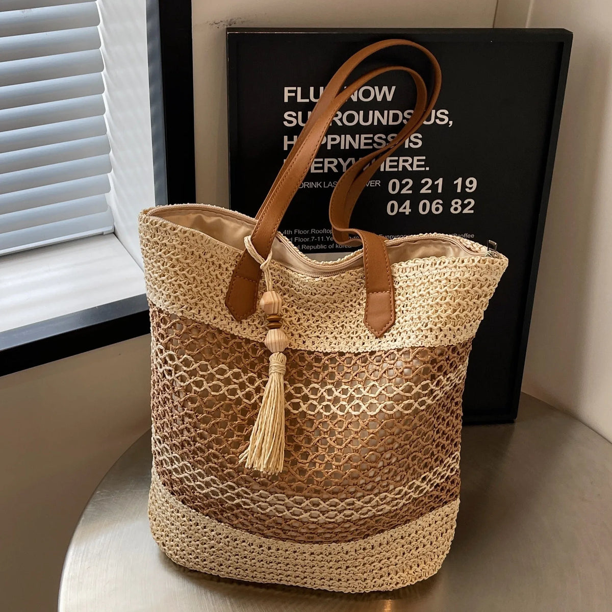 Straw shoulder bag with tassel pendant, horizontal square shape, double straps, Brown or Milky White