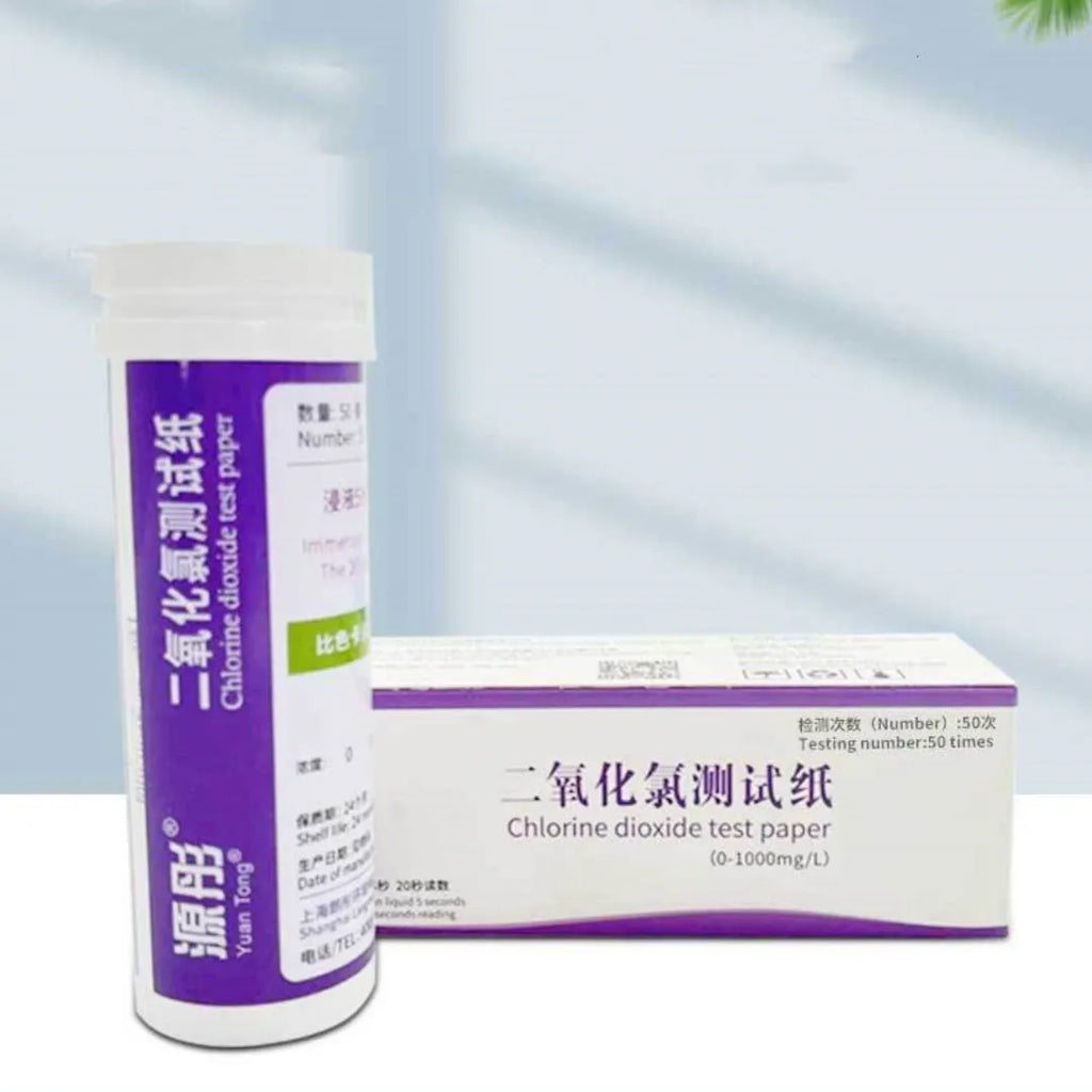 Bottle of 50 chlorine dioxide test paper strips for wastewater concentration detection.