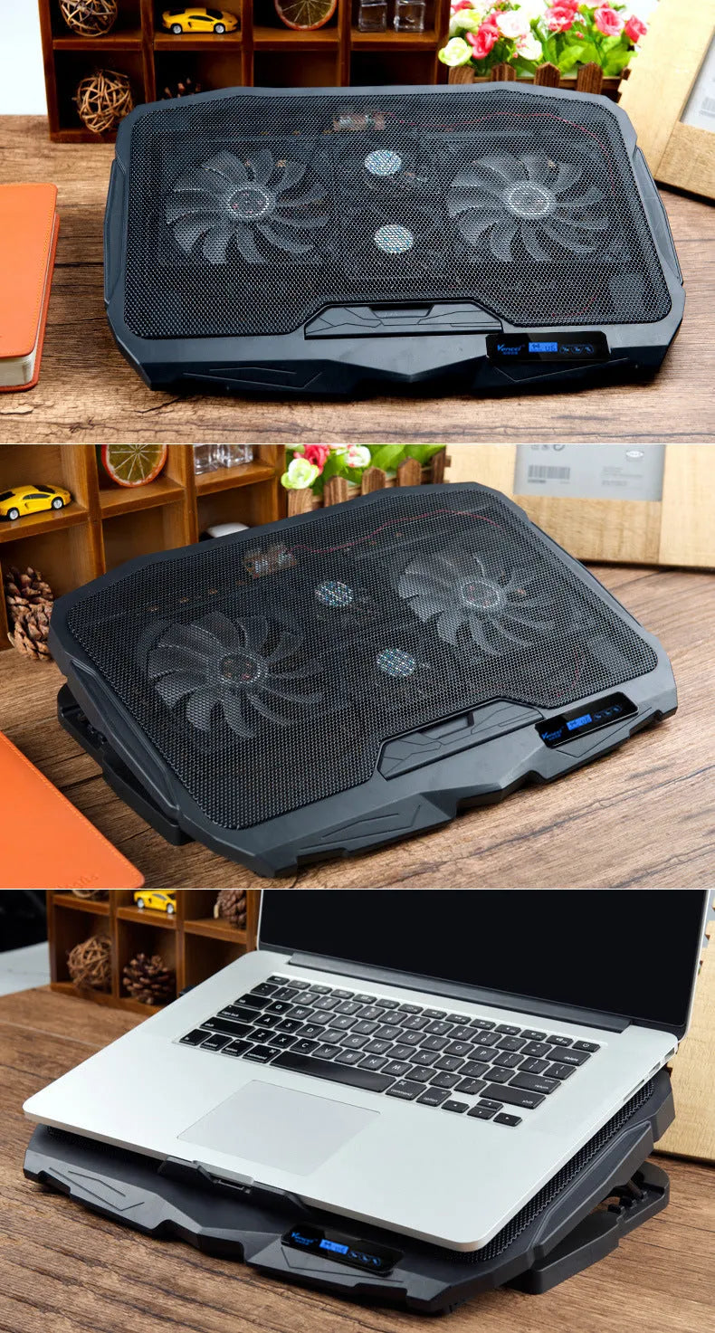 Black universal laptop cooling stand with copper heat pipes and dual USB ports