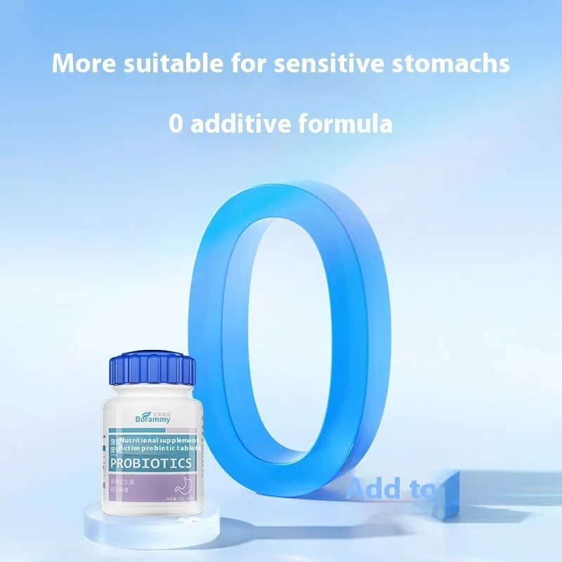 Bottle of 180 pet probiotic tablets for dog and cat digestive health.