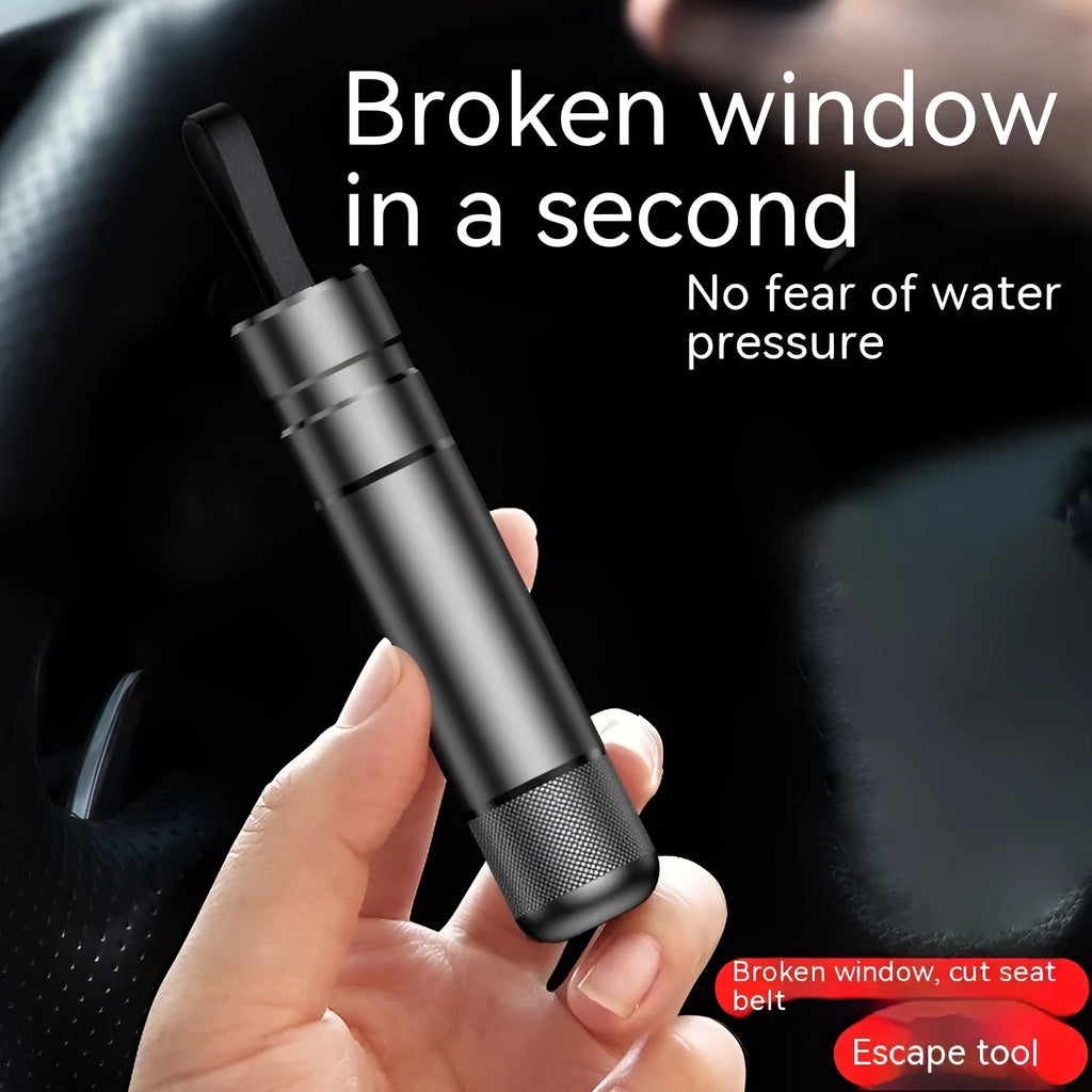 Aluminium alloy car safety hammer with seatbelt cutter in black, showing 20mm by 88mm size.