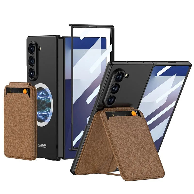Samsung SMFold7 hard phone case with detachable card holder, bracket, and magnetic suction in Black