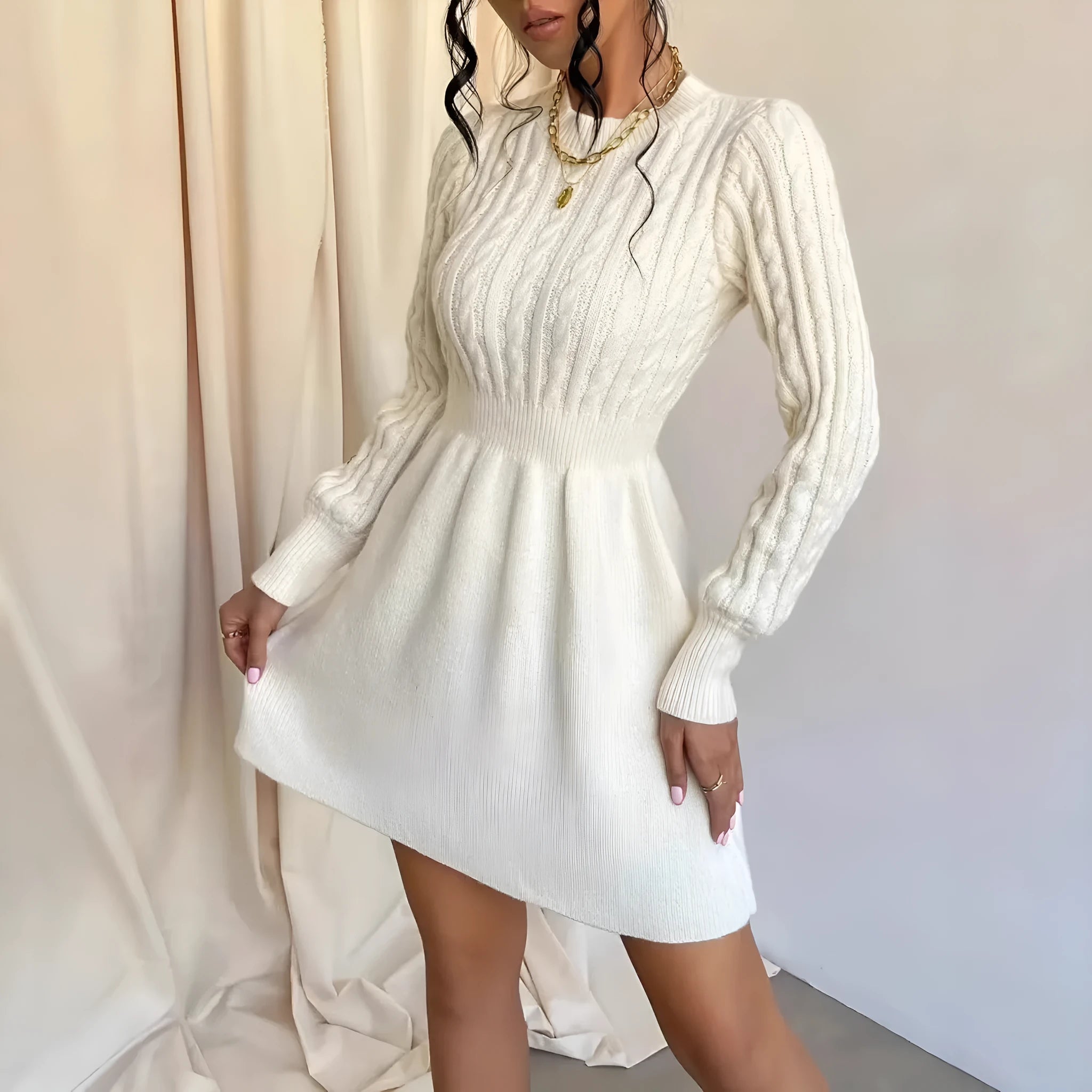 Korean-style waist-defining dress with round neck and twisted knit base in cream colour