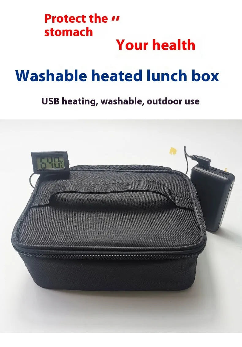 Black USB heating thermal lunch bag with Oxford cloth material and car power adapter