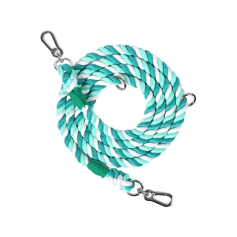 Woven rainbow double-ended dog lead with hand-held rope section in multiple colour options