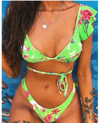 Women's yellow floral print bikini swimsuit with split design and multiple style options