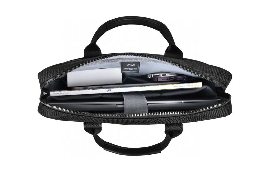 Black oxford cloth laptop handbag showing multiple internal pockets and a lock, suitable for a 14-inch or 15.6-inch computer.