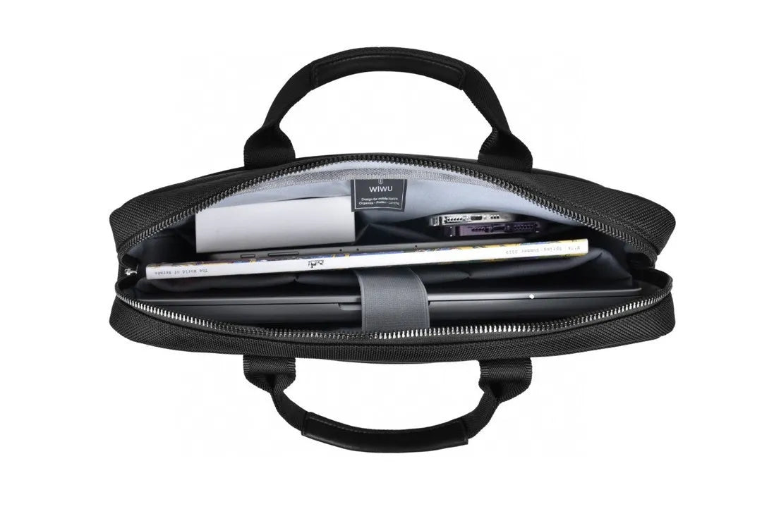 Black oxford cloth laptop handbag showing multiple internal pockets and a lock, suitable for a 14-inch or 15.6-inch computer.