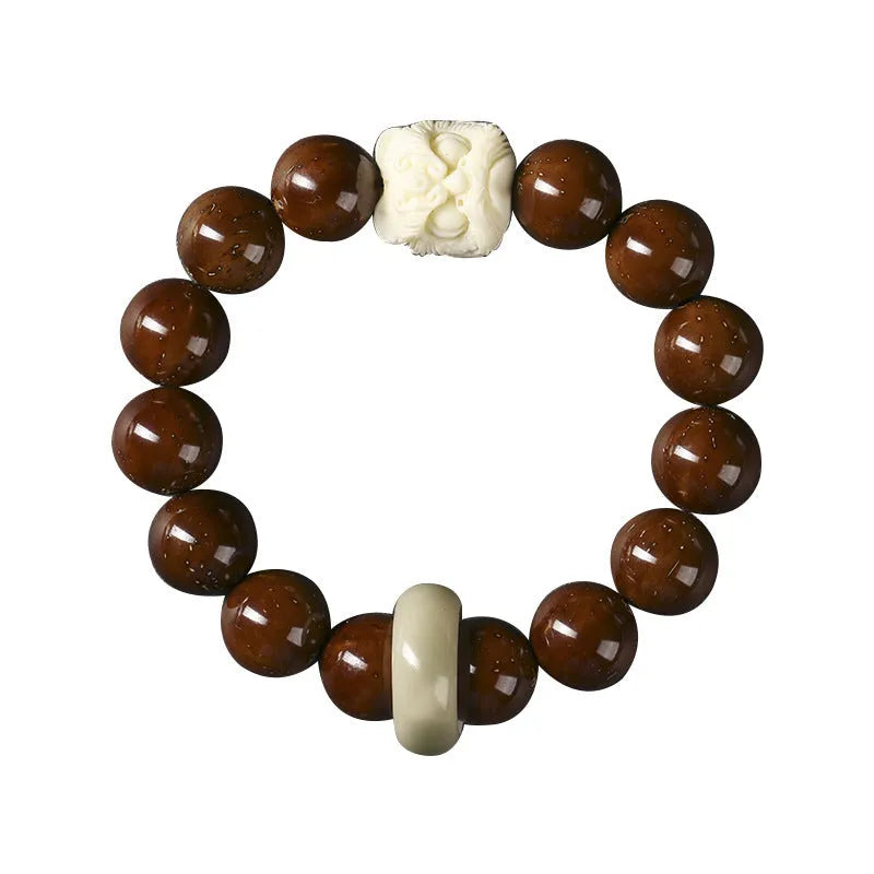 Hand-woven Buddhist prayer bracelet with 13mm round beads in ivory nut, bodhi, or sandalwood lion style