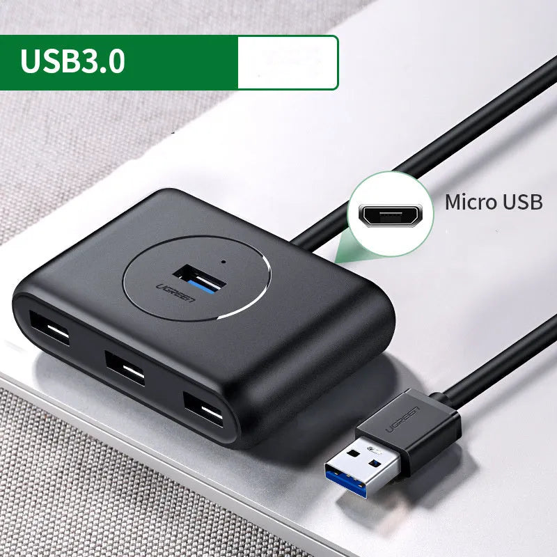 Deep black USB one-to-four splitter with GL3510 chip, ABS shell and Micro USB power port, 25cm to 200cm