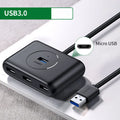 Deep black USB one-to-four splitter with GL3510 chip, ABS shell and Micro USB power port, 25cm to 200cm