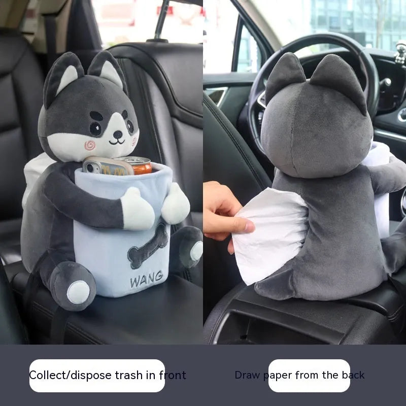 Plush car tissue box hanging from vehicle armrest in character design