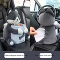 Plush car tissue box hanging from vehicle armrest in character design