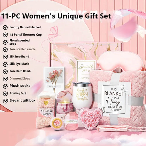Modern plastic box containing an aromatherapy gift set with scented candles and soap bars.
