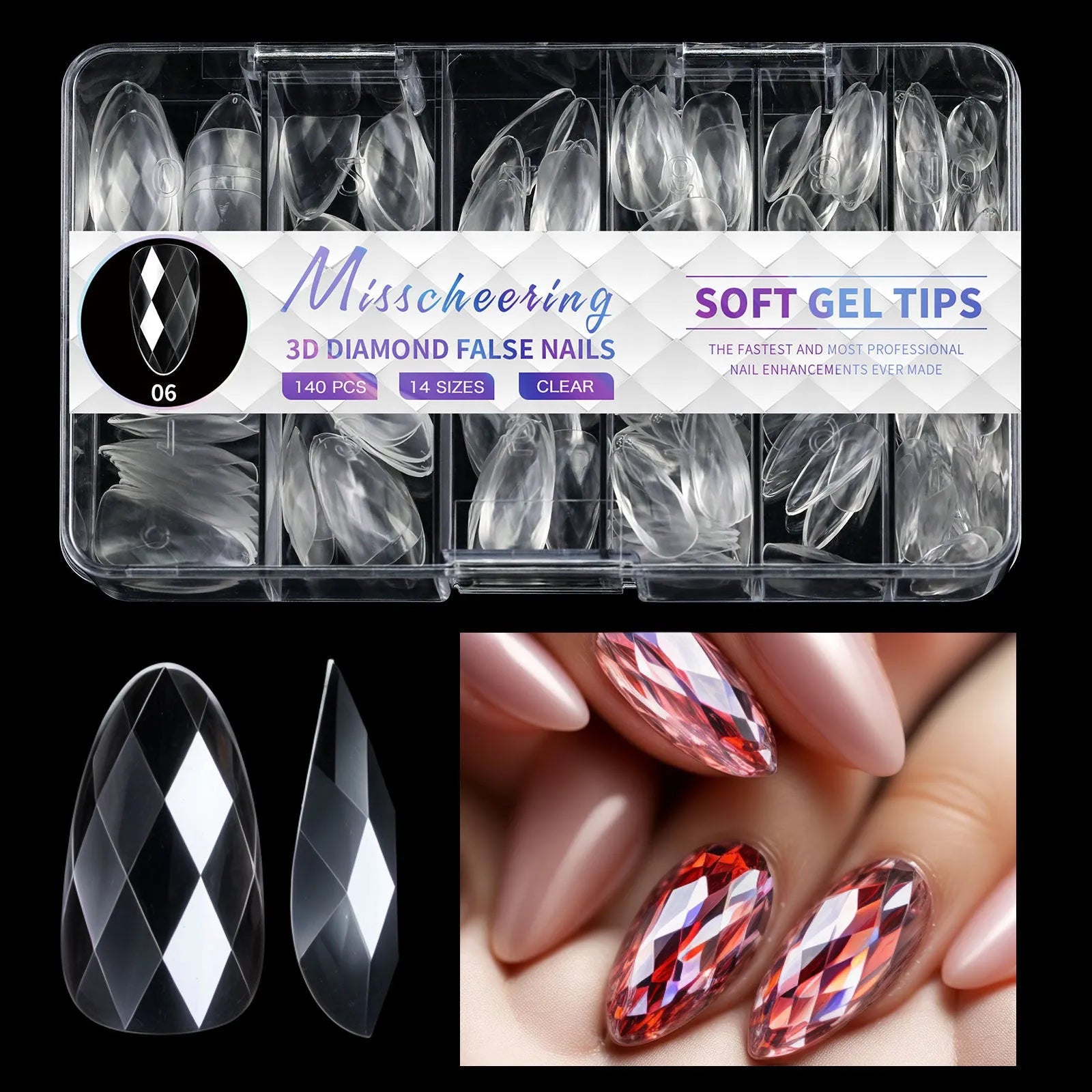 3D diamond texture long false nails in assorted colours, 120-140 pieces per pack