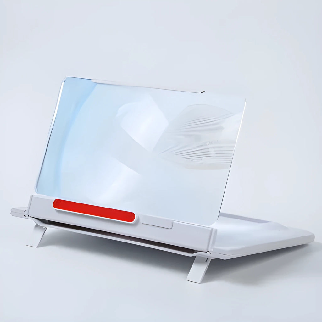 Black and white 12-inch pull-out screen amplifier showing horizontal and vertical positioning with mobile phone