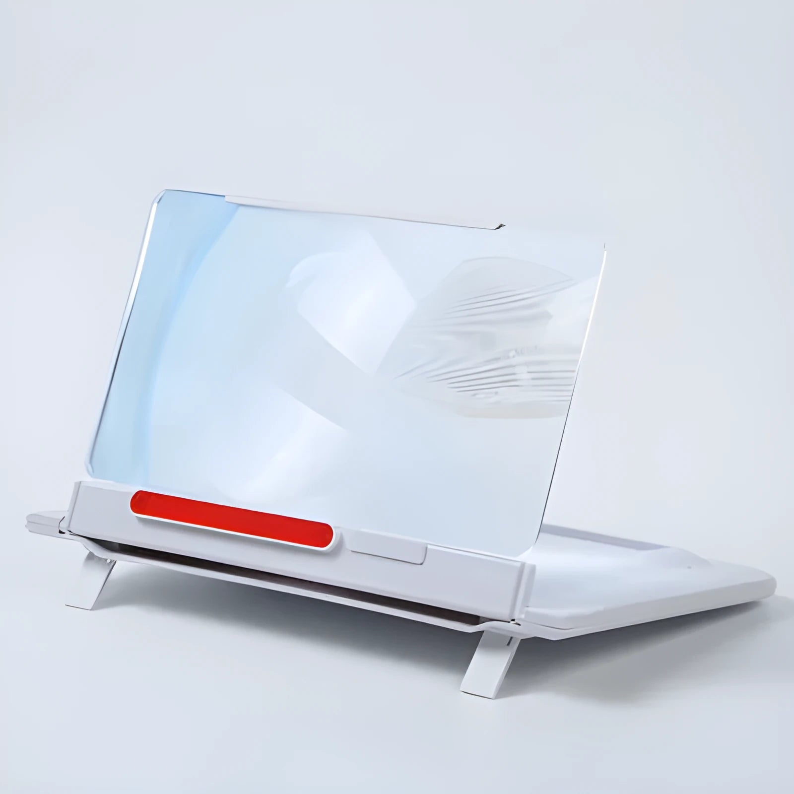 Black and white 12-inch pull-out screen amplifier showing horizontal and vertical positioning with mobile phone