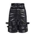Man's black PU leather-look cropped shorts with stretch spandex material on a neutral background.