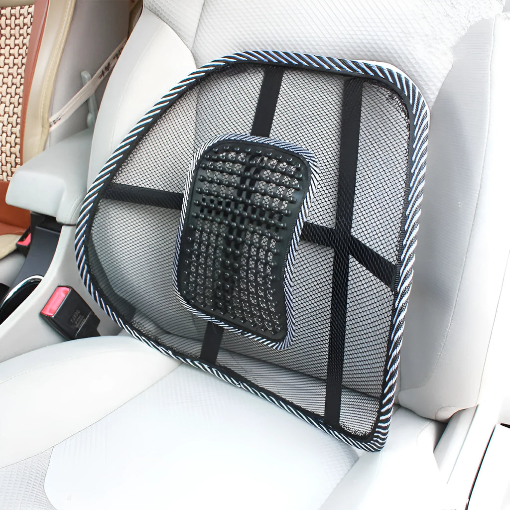Black leather car lumbar support pillow measuring 41cm by 39cm