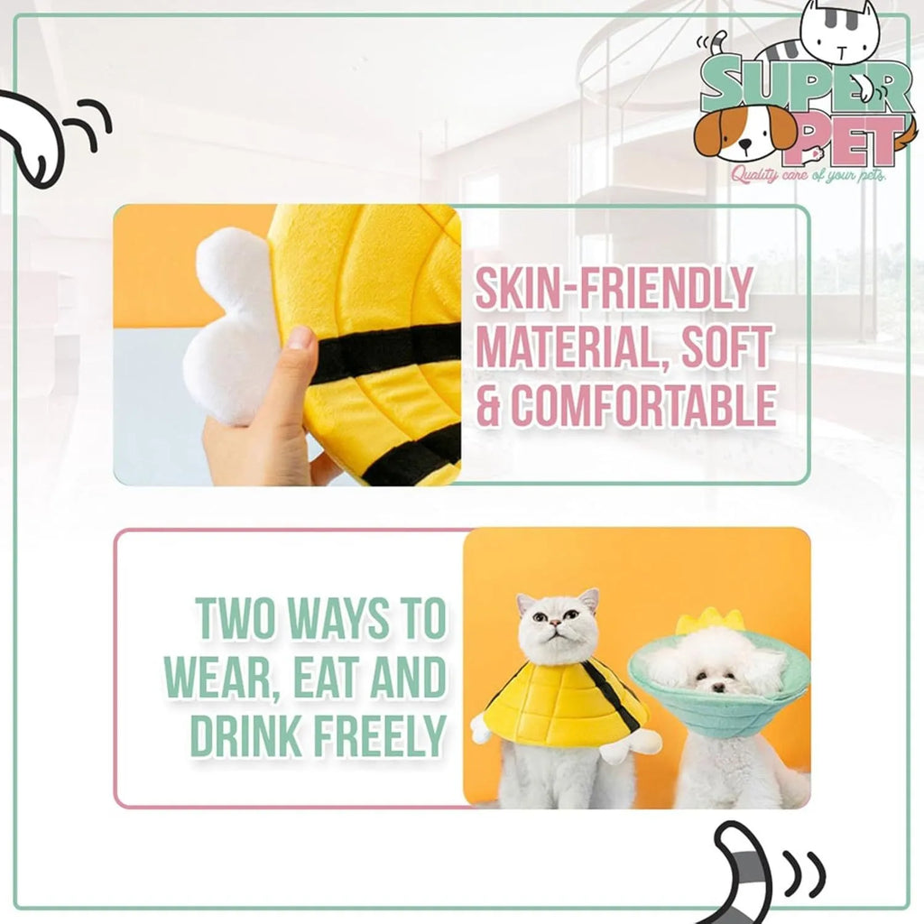 Soft cat cone collar with bee design showing Velcro closure and fabric construction