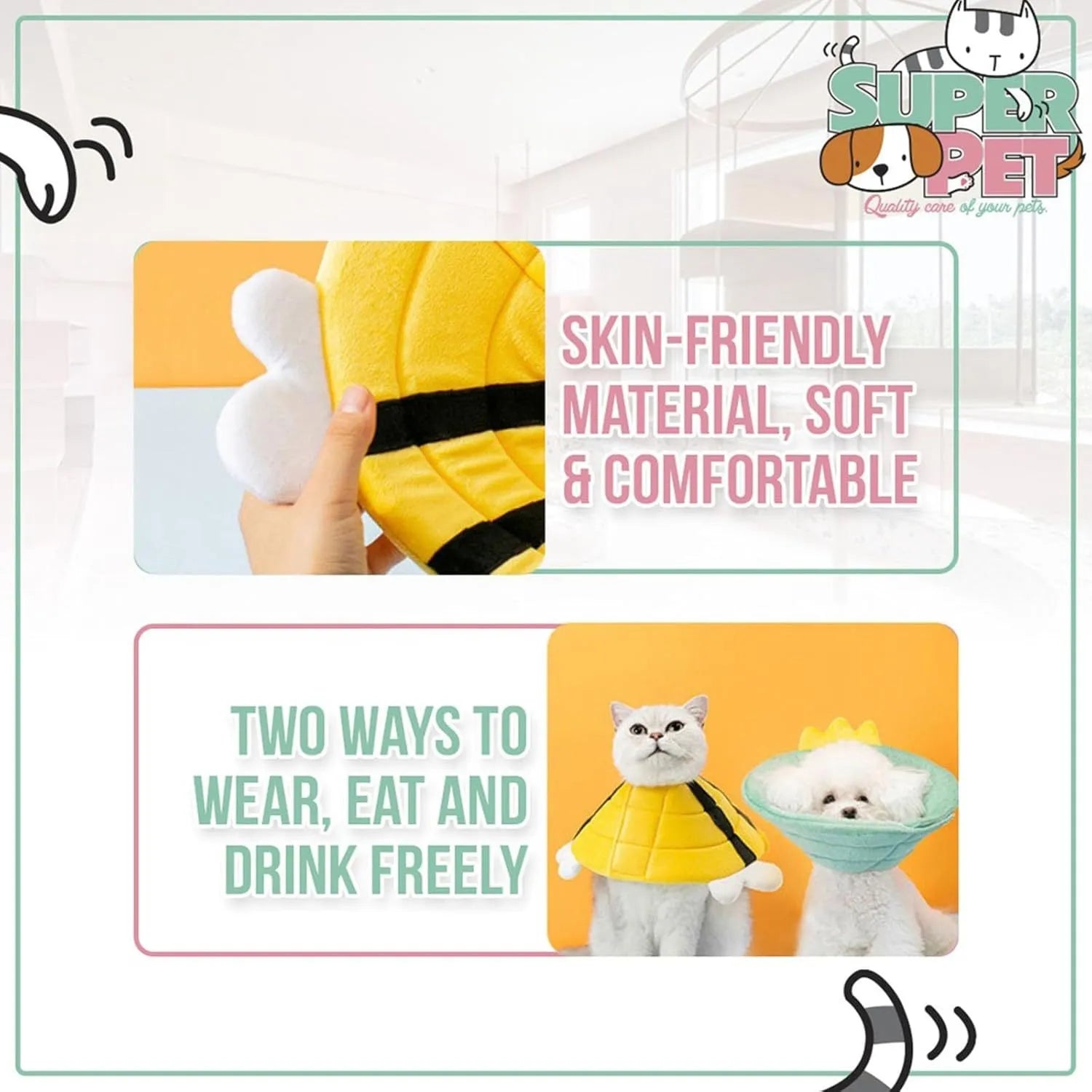 Soft cat cone collar with bee design showing Velcro closure and fabric construction