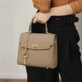 Elephant grey genuine leather women's handbag with vintage lock and structured square design