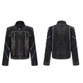 Black denim coat with padded shoulders and matching pants, featuring raw edge splash-dyeing and distressed gradient detailing.