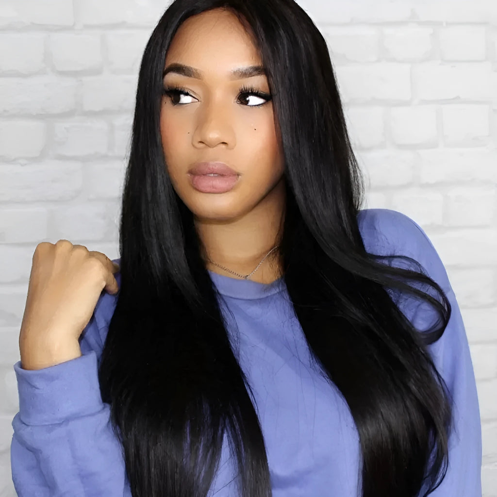 Long straight black wig with centre-parted bangs on a model, showing European-American style.
