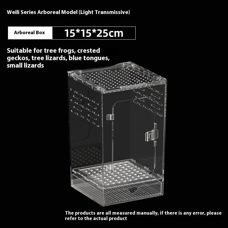 Clear acrylic reptile feeding box with crawl-through opening showing size options