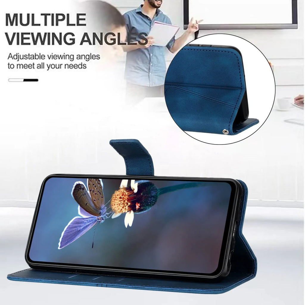 Flip card leather case for Samsung S24 Ultra in blue with embossed geometric lines and short hand strap