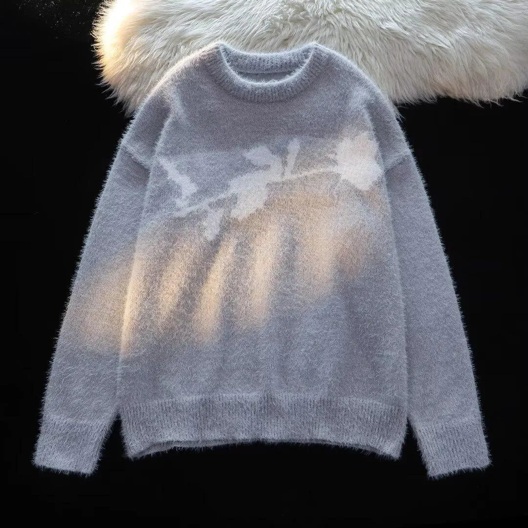 Men's black sweater with textured flocking horse design on front, long sleeve pullover style