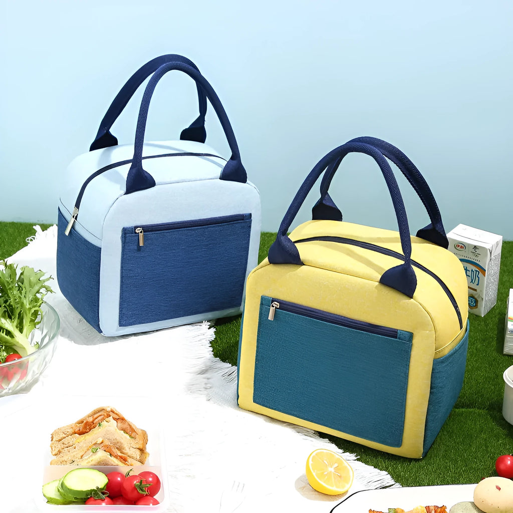 Insulated lunch bag in blue made from waterproof Oxford cloth with aluminium foil lamination.