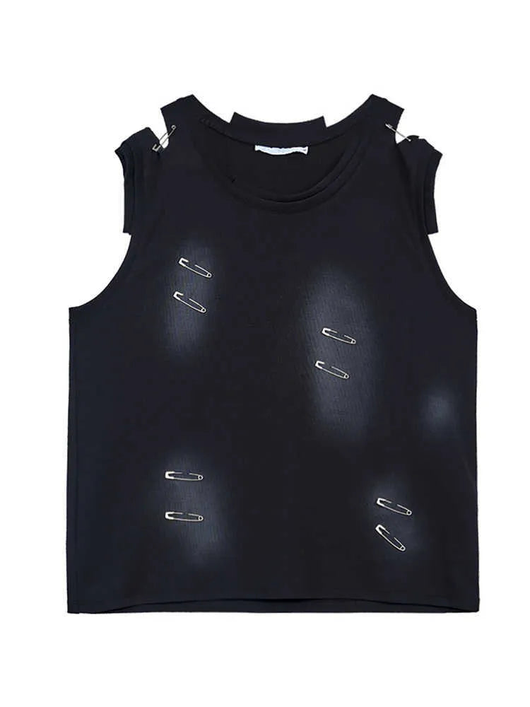 Men's black ripped cut vest waistcoat with irregular design and round neck collar