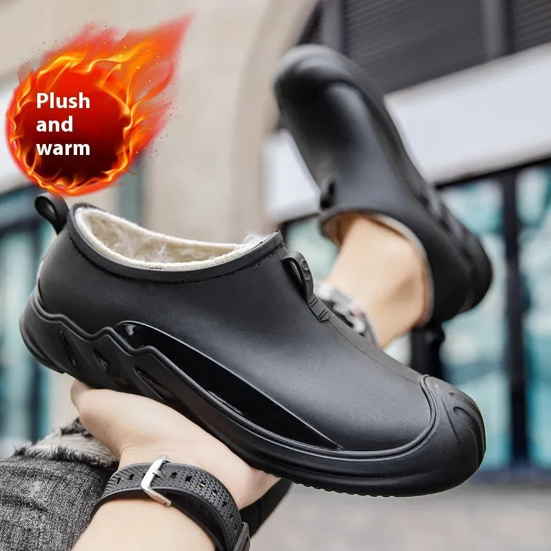 Men's short ankle plastic rain boots in black, grey and green colour options