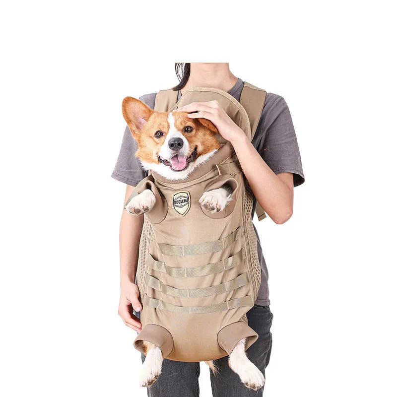 Khaki polyester pet medium dog backpack with two size options M and L on a neutral background