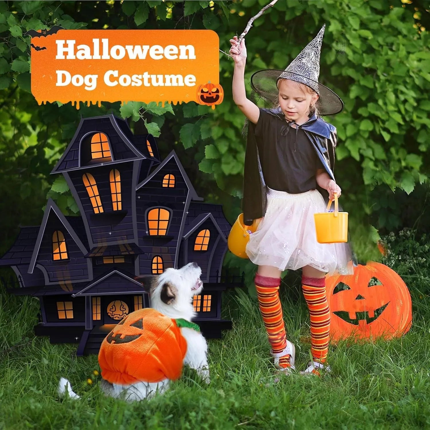 Orange plush pumpkin Halloween costume on a small dog, showing pullover design and fluffy material.