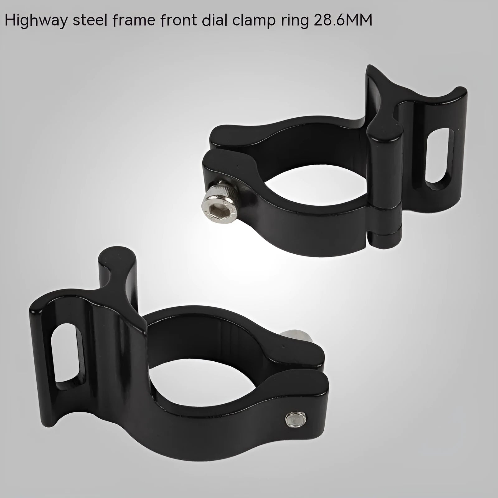 Black aluminium alloy vehicle clamp ring with steel frame measuring 28.6mm in diameter